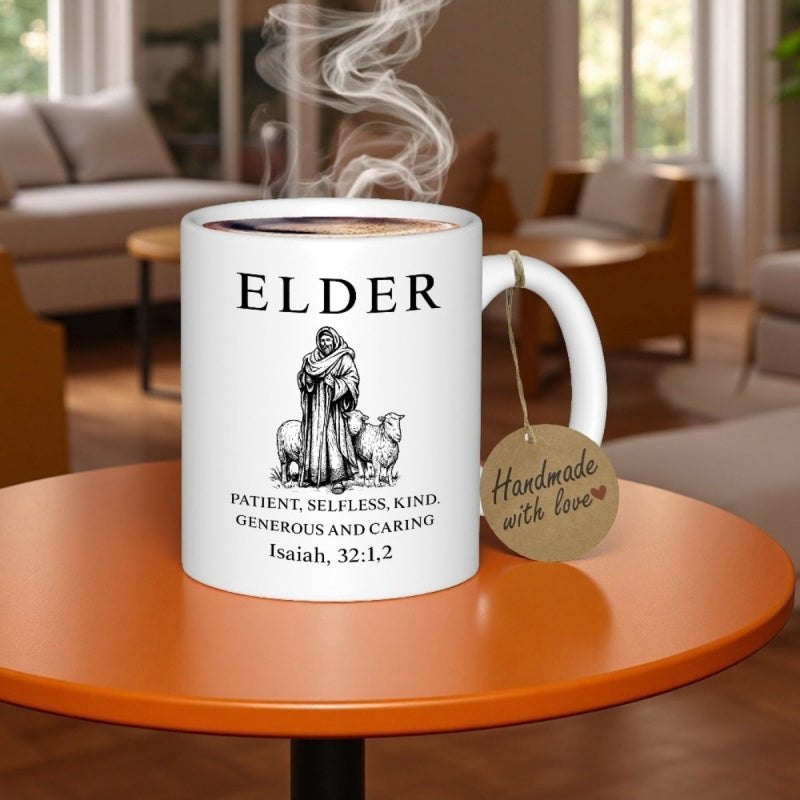 Tailorly White Ceramic 11 oz Mug - Elder Isaiah Sacred Good Shepherd Guiding Peaceful Lambs Under Graceful Divine Light Shepherd