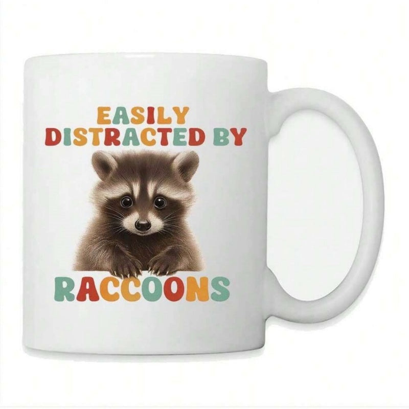 Tailorly White Ceramic 11 oz Mug - Easily Distracted By Raccoons Adorable Fluffy Little Creature Peeking Over Edge With Big Curious Eyes Raccoon