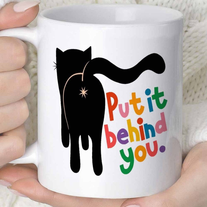 Tailorly White Ceramic 11 oz Mug - Put It Behind You Minimalist Black Cat Silhouette Showing Backside With Playful Colorful Letters Cat