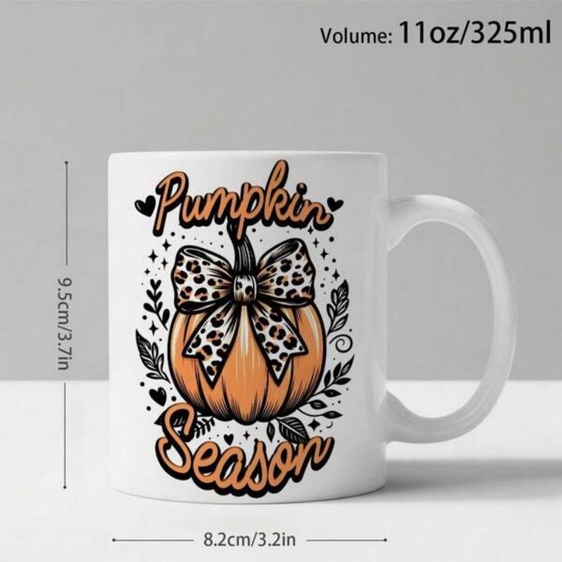 Tailorly White Ceramic 11 oz Mug - Pumpkin Season Festive Autumn Vegetable With Leopard Pattern Bow And Delicate Floral Elements Pumpkin