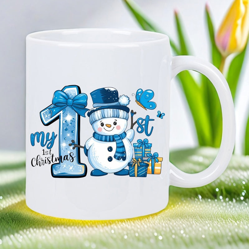 Tailorly White Ceramic 11 oz Mug - My 1st Christmas Cute Cartoon Winter Figure Wearing Scarf Among Gifts And Blue Number One Snowman