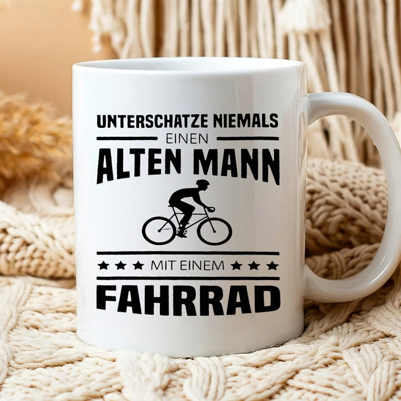Tailorly White Ceramic 11 oz Mug - Minimalist Black Silhouette Of A Determined Man Riding A Fast Racing Bicycle