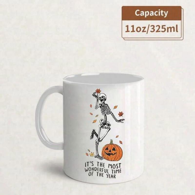 Tailorly White Ceramic 11 oz Mug - Its The Most Wonderful Time Of The Year Playful Dancing Bone Figure Among Carved Pumpkin And Falling Leaves Skeleton