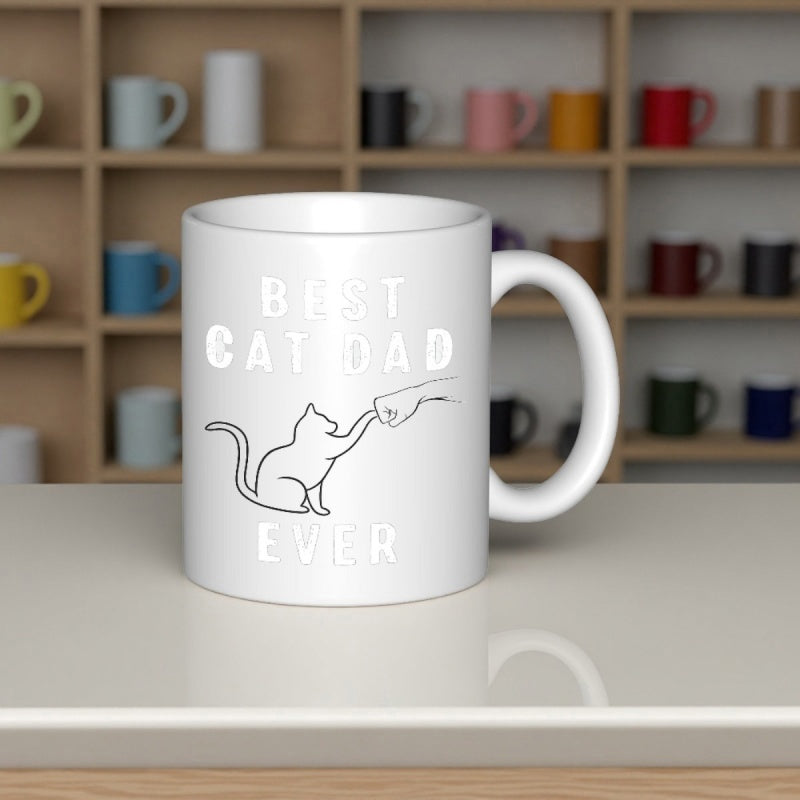 Tailorly White Ceramic 11 oz Mug - Best Cat Dad Ever Minimalist Line Art Drawing Human Hand Fist Bumping Friendly Sitting Cat