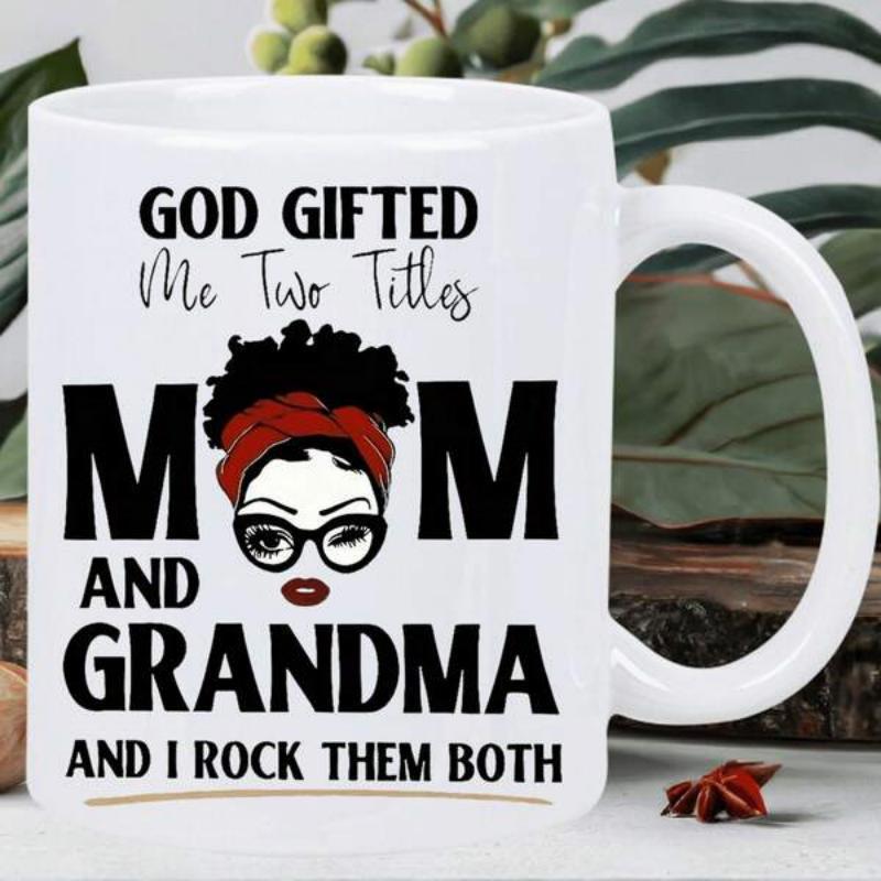Tailorly White Ceramic 11 oz Mug - God Gifted Me Two Titles Mom And Grandma And I Rock Them Both Stylized Illustration Of A Woman Wearing Red Headband And Glasses