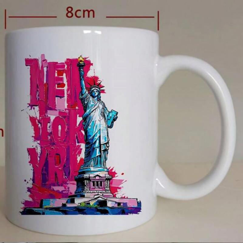 Tailorly White Ceramic 11 oz Mug - New York Vibrant Artistic Graphic Of Iconic Monument Against Pink Splash Background Statue
