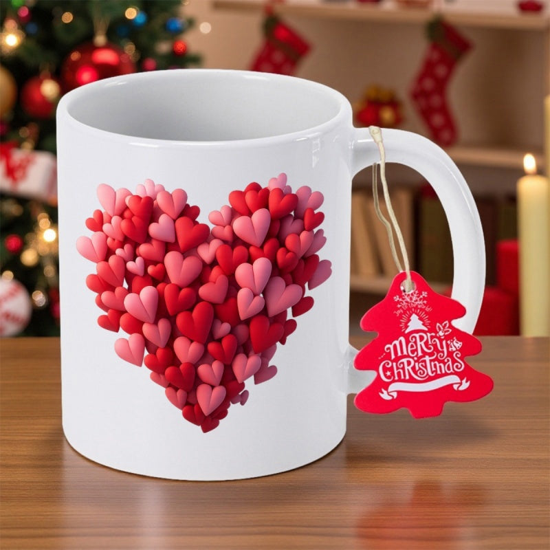 Tailorly White Ceramic 11 oz Mug - Merry Christmas Vibrant Red And Pink Small Hearts Forming A Large Cluster Heart