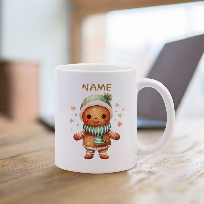 Tailorly White Ceramic 11 oz Mug - Name Adorable Gingerbread Character Wearing A Striped Winter Scarf And Knitted Hat Gingerbread Man
