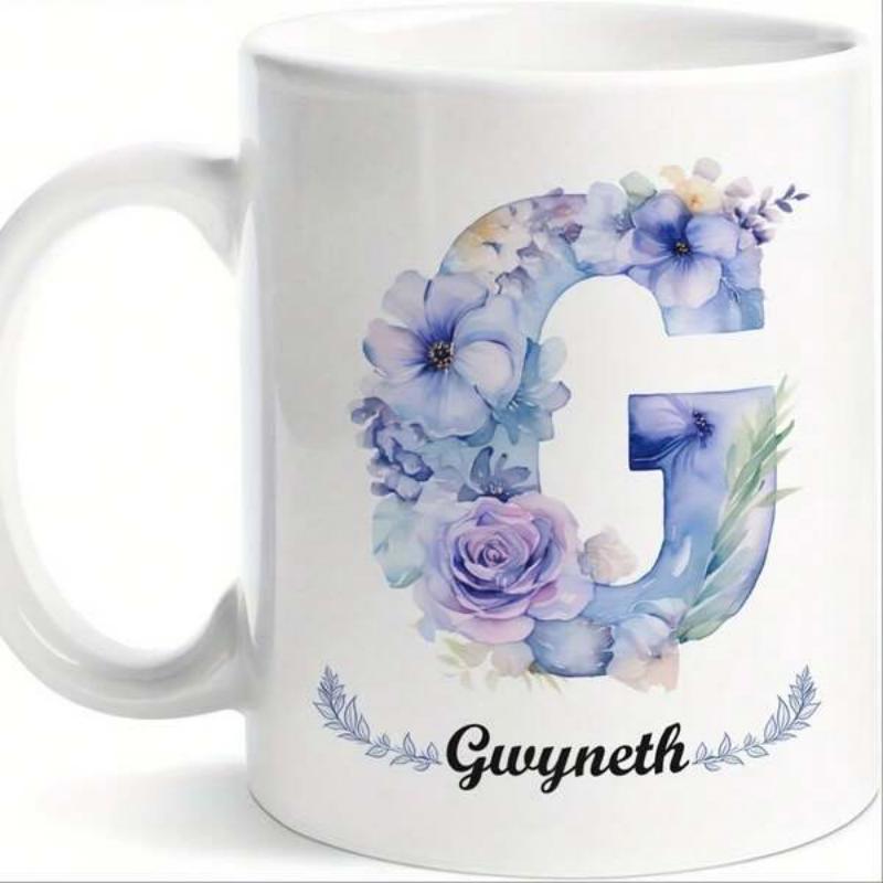 Tailorly White Ceramic 11 oz Mug - Gwyneth Delicate Blue And Purple Watercolor Roses Nestled Inside Large Alphabet Initial