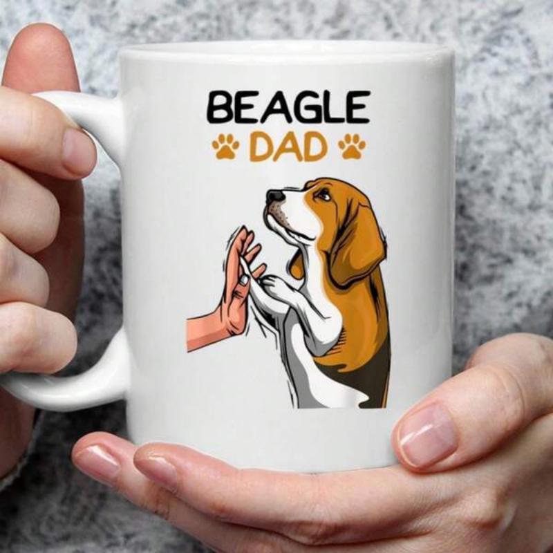 Tailorly White Ceramic 11 oz Mug - Beagle Dad Loyal Pet Dog Giving High Five To Human Hand Beagle