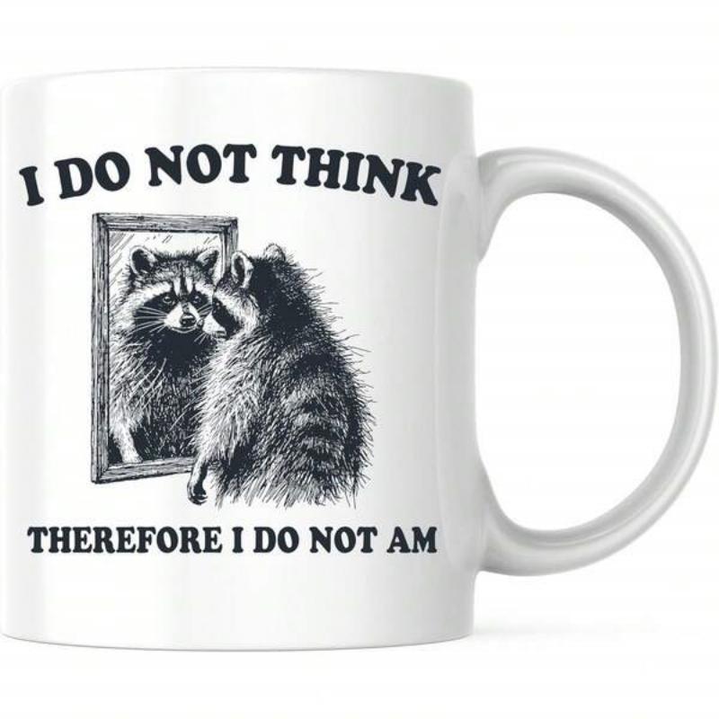 Tailorly White Ceramic 11 oz Mug - I Do Not Think Therefore I Do Not Am Sketch Style Illustration Showing Reflection Of A Forest Animal Looking Inside A Mirror