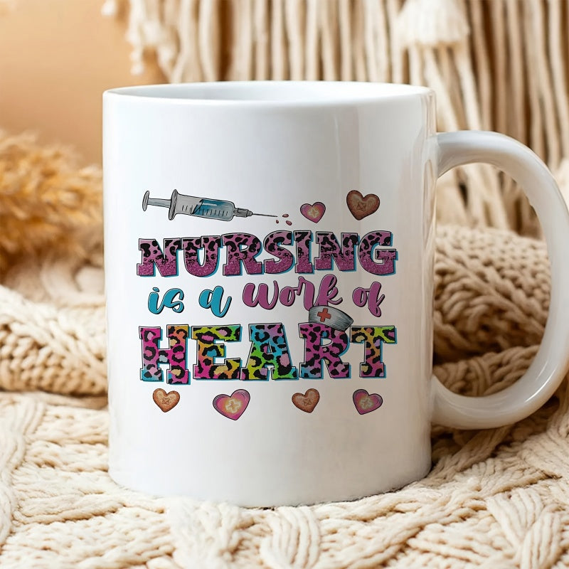Tailorly White Ceramic 11 oz Mug - Nursing Is A Work Of Heart Colorful Leopard Patterns Featuring Small Medical Symbols And Hearts Heart
