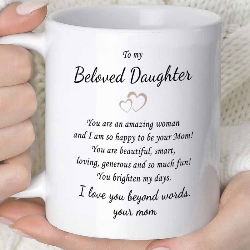 Tailorly White Ceramic 11 oz Mug - To My Beloved Daughter Two Delicate Interlocking Hand Drawn Outline Style Minimalist Shapes Representing Love Heart