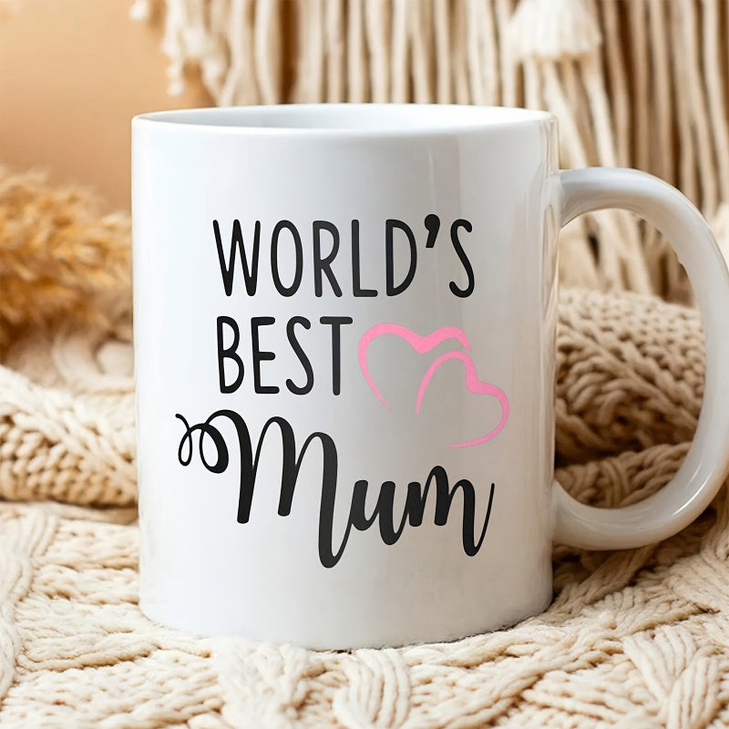 Tailorly White Ceramic 11 oz Mug - Worlds Best Mum Simple Pink Interlocking Outlined Hearts Beside Elegant Script Decorative Text Mug