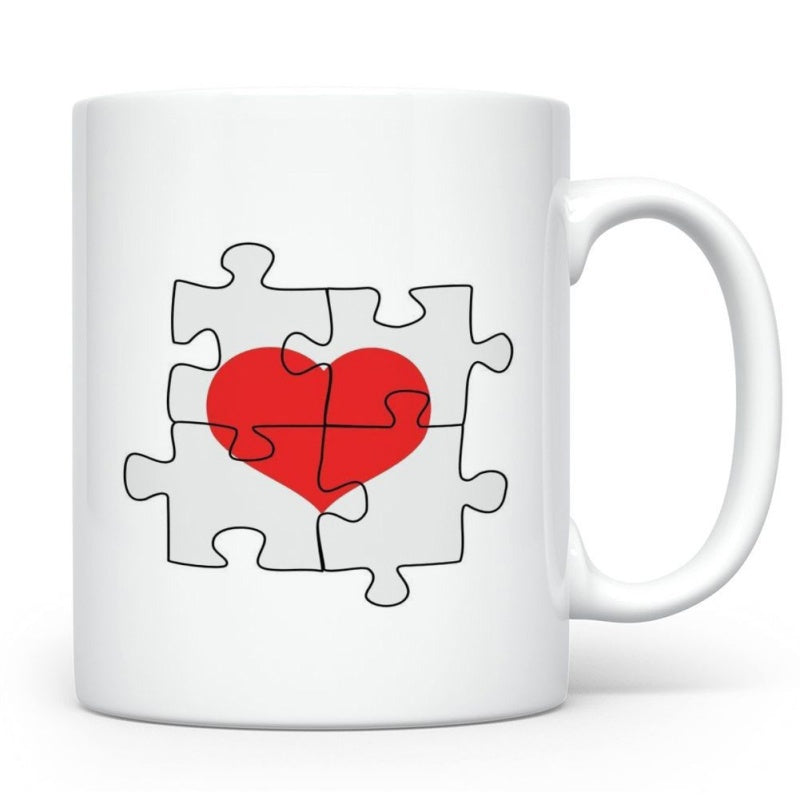 Tailorly White Ceramic 11 oz Mug - Minimalist Interlocking Puzzle Pieces Forming A Vibrant Red Romantic Center Heart
