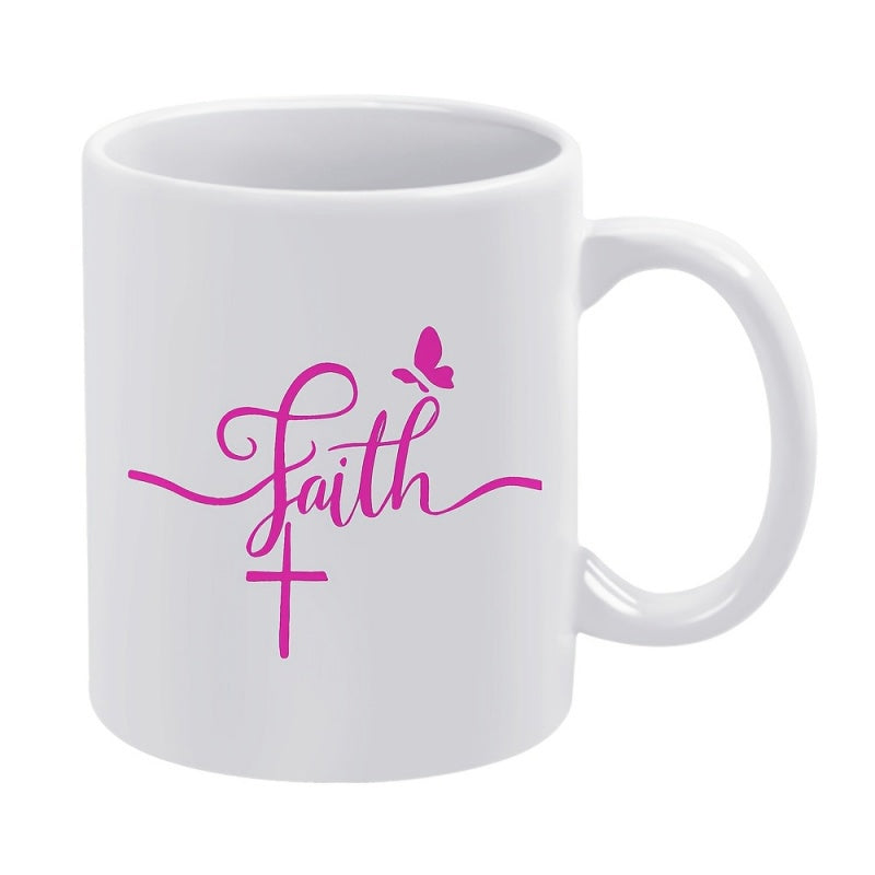 Tailorly White Ceramic 11 oz Mug - Faith Elegant Pink Cursive Script With A Delicate Butterfly And Cross Mug