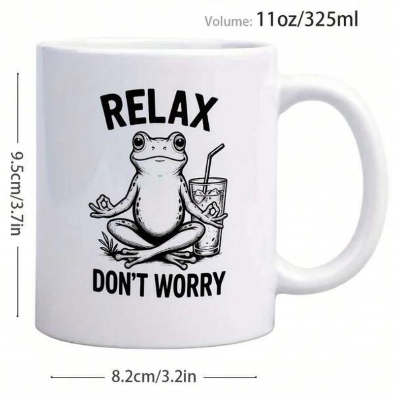Tailorly White Ceramic 11 oz Mug - Relax Don't Worry Meditating In Yoga Pose Next To Refreshing Summer Drink Frog