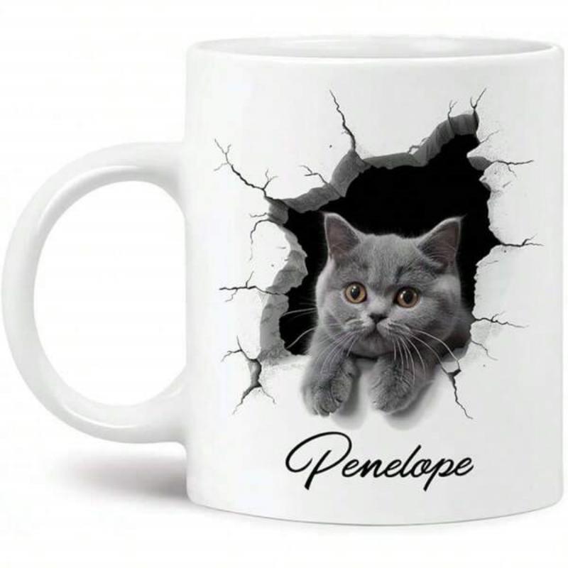 Tailorly White Ceramic 11 oz Mug - Penelope Adorable Grey Kitten Peeking Through A Realistic Cracked Wall Surface Cat