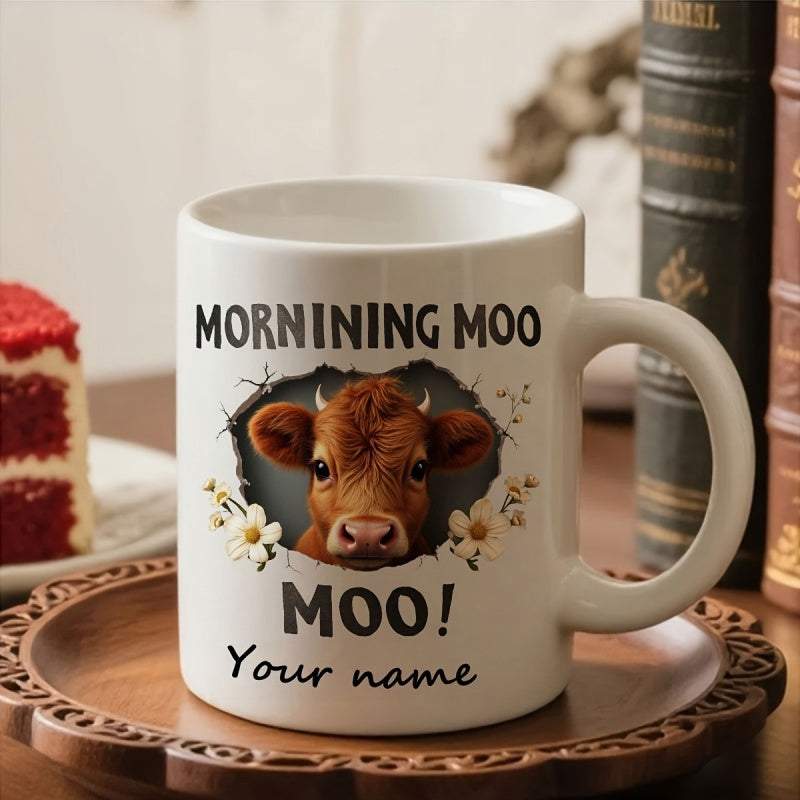Tailorly White Ceramic 11 oz Mug - Morning Moo Cute Brown Calf Peeking Through Torn White Paper Among Floral Cow