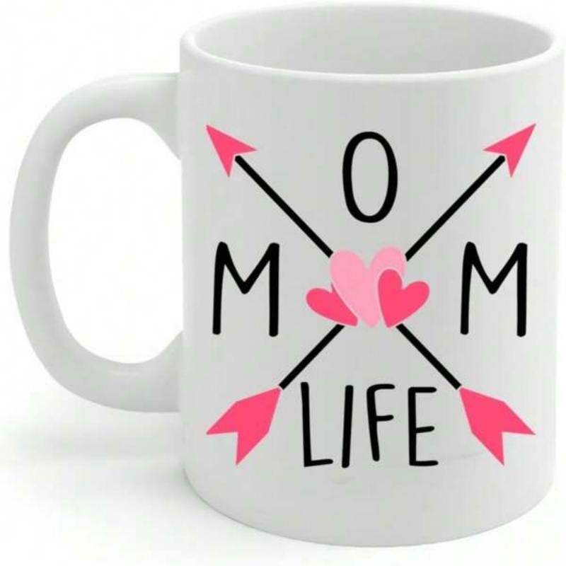 Tailorly White Ceramic 11 oz Mug - Mom Life Crossed Arrows With Pink Hearts In Centered Artistic Pattern Mug