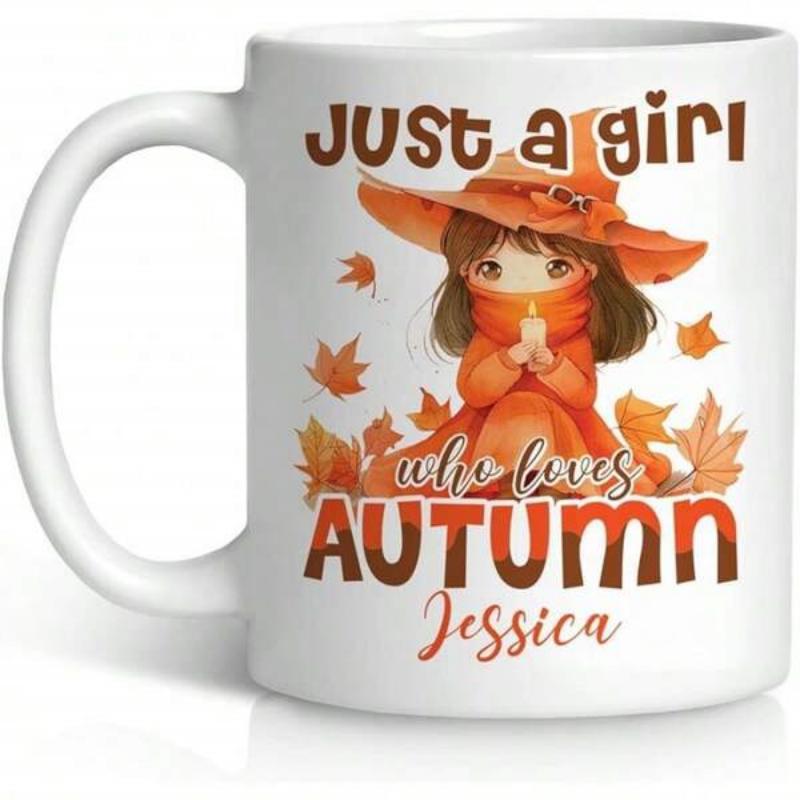 Tailorly White Ceramic 11 oz Mug - Just A Girl Who Loves Autumn Jessica Little Cartoon Witch Wearing Orange Hat Among Vibrant Fallen Autumn Leaves Girl