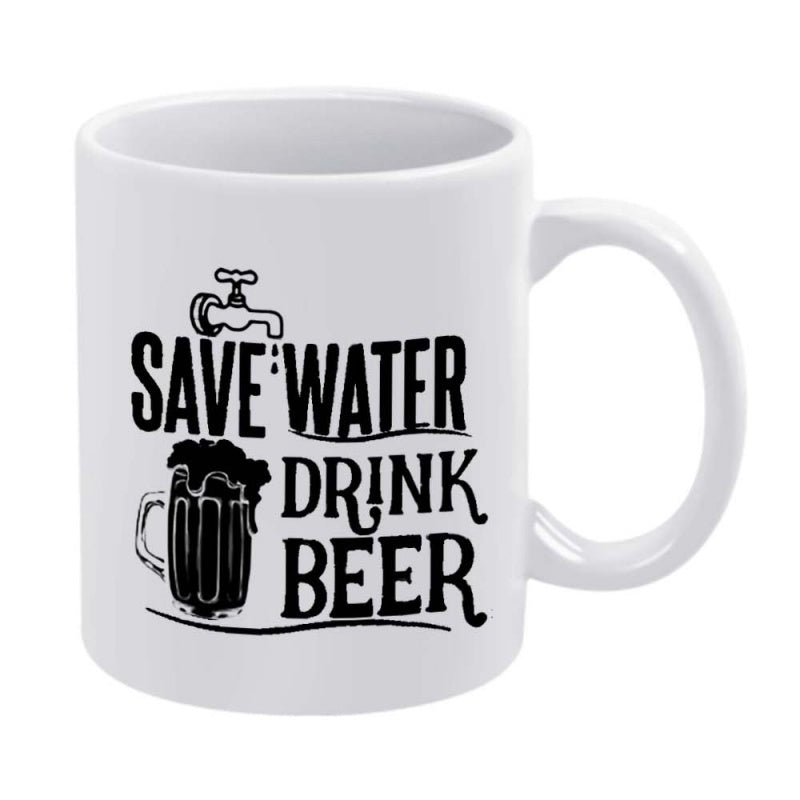 Tailorly White Ceramic 11 oz Mug - Save Water Drink Beer Minimalist Black Ink Faucet Dripping Into A Full Foamy Mug