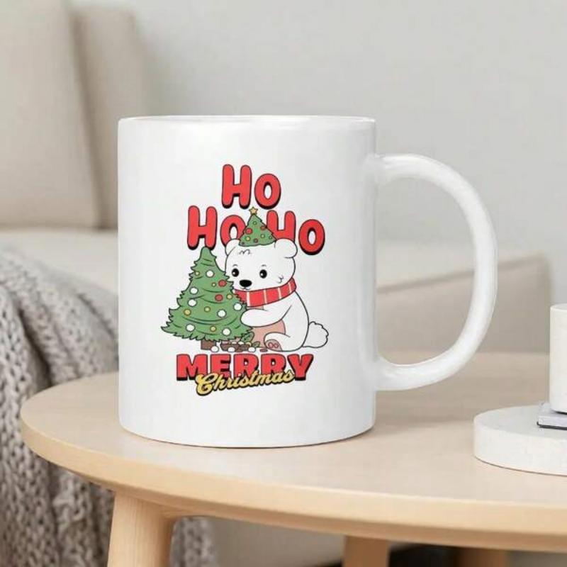 Tailorly White Ceramic 11 oz Mug - Ho Ho Ho Merry Christmas Adorable Cartoon Polar Bear Hugging A Decorated Festive Christmas Tree Bear