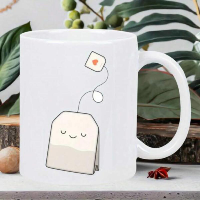 Tailorly White Ceramic 11 oz Mug - Minimalist Kawaii Smiling Cartoon Teabag With Delicate Heart Tag Teabag