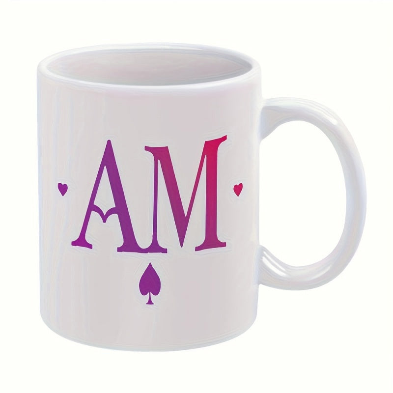 Tailorly White Ceramic 11 oz Mug - AM Purple Pink Gradient Monogram Between Two Small Hearts Above A Single Spade
