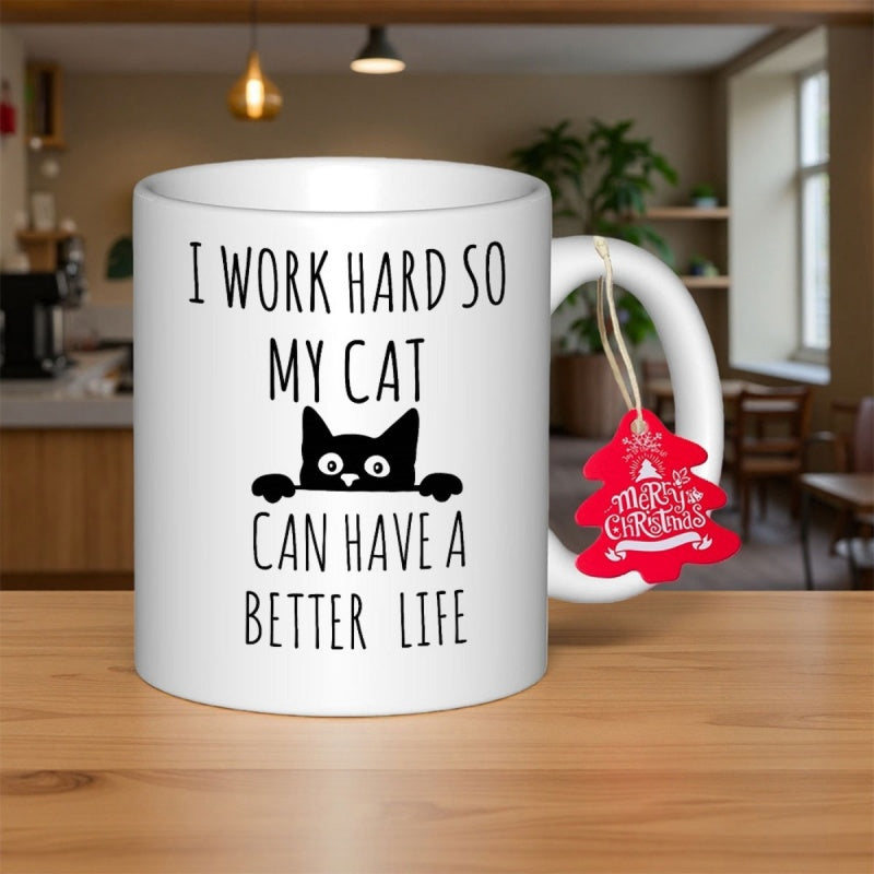 Tailorly White Ceramic 11 oz Mug - I Work Hard So My Cat Can Have A Better Life Playful Peeking Black Feline Silhouette With Paws And Eyes Cat