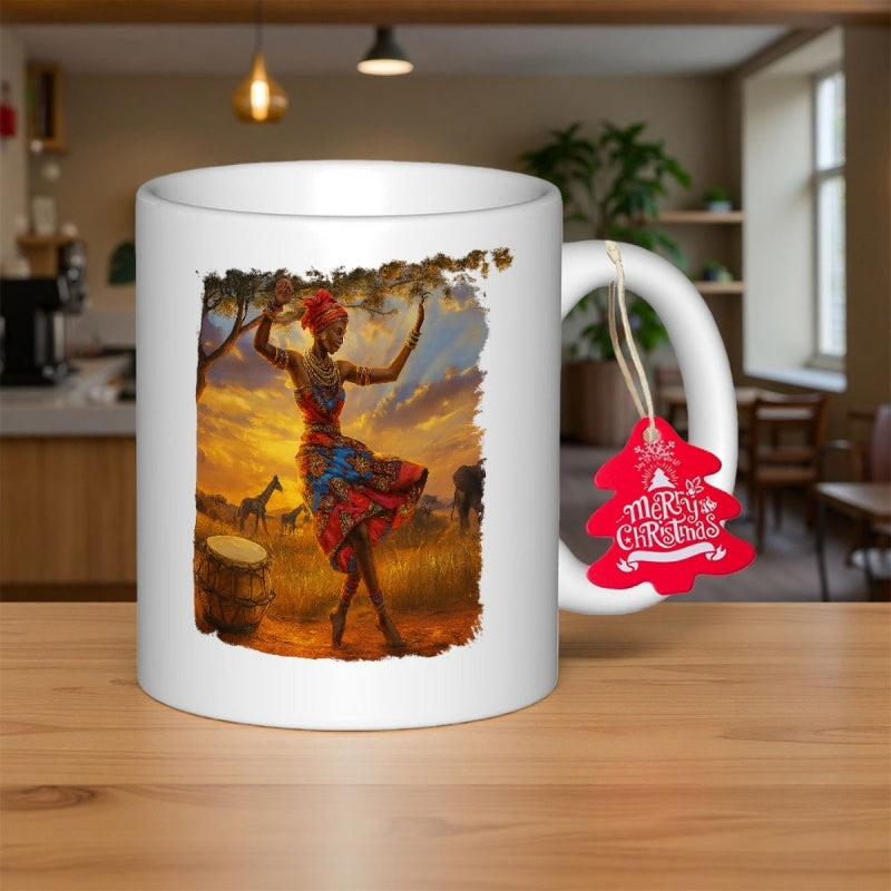 Tailorly White Ceramic 11 oz Mug - Merry Christmas Traditional Vibrant Attire Dancing Amidst Savanna Sunset With Grazing Giraffes And Drum Woman