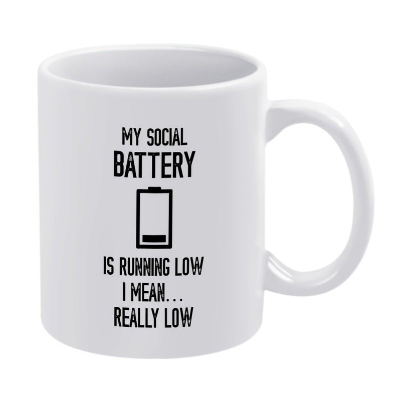 Tailorly White Ceramic 11 oz Mug - My Social Battery Is Running Low I Mean Really Low Minimalist Black Icon Indicating Depleted Energy Level Charging Status