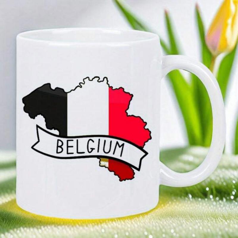 Tailorly White Ceramic 11 oz Mug - Belgium Detailed Map Outline With National Flag Colors Behind A Decorative Banner Map