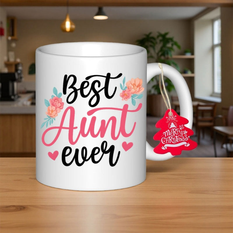 Tailorly White Ceramic 11 oz Mug - Best Aunt Ever Delicate Hand Lettered Script Among Blooming Springtime Peach Flower