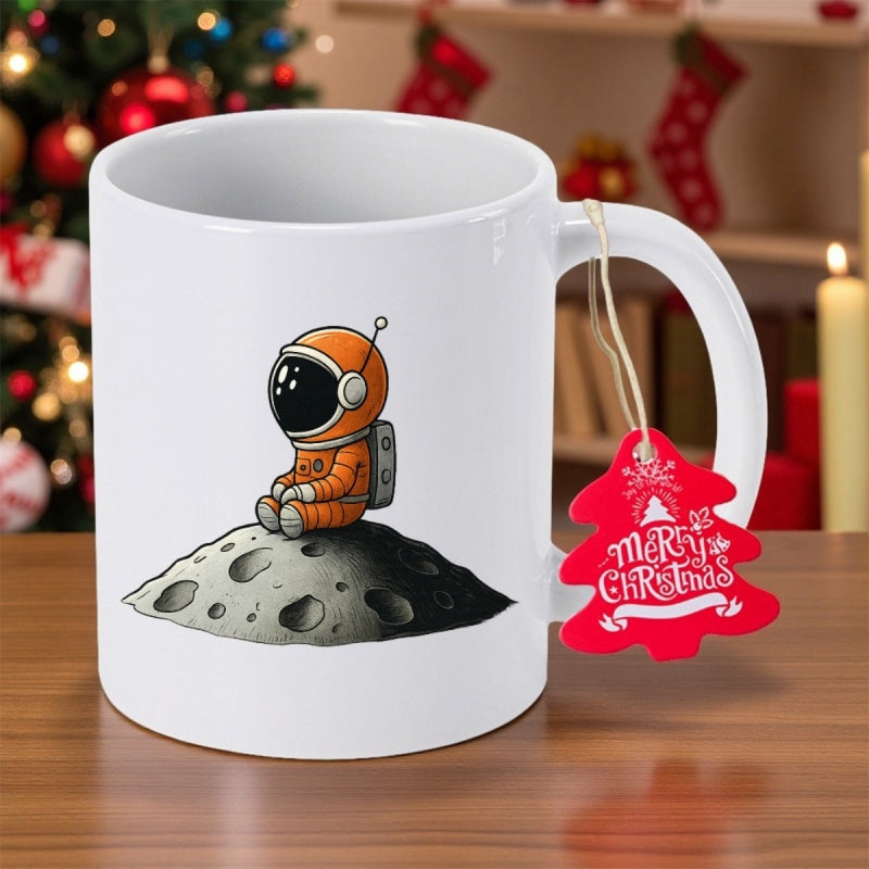 Tailorly White Ceramic 11 oz Mug - Cute Small Orange Suit Character Sitting On Grey Cratered Moon Astronaut