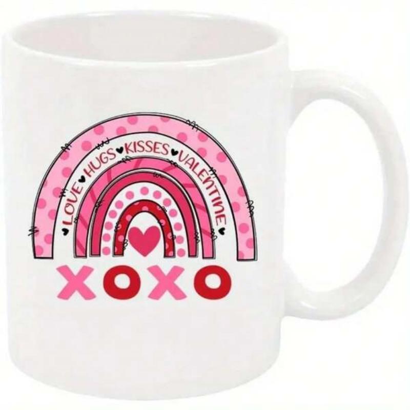 Tailorly White Ceramic 11 oz Mug - Love Hugs Kisses Valentine Xoxo Pink Stylized Boho Rainbow With Hearts And Polka Dots Rainbow