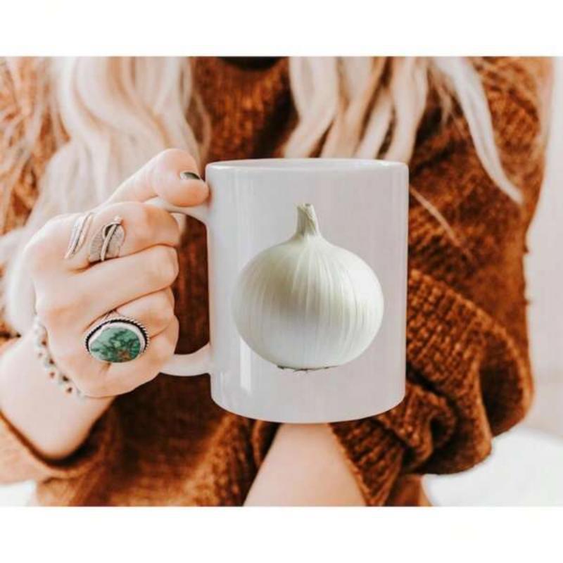 Tailorly White Ceramic 11 oz Mug - Simple Realistic White Vegetable Bulb For Kitchen Or Farmhouse Decor Garlic