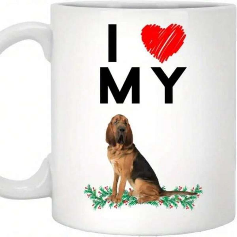 Tailorly White Ceramic 11 oz Mug - I My Sitting Bloodhound Dog Resting On Festive Evergreen Branches With Red Scribbled Heart Bloodhound