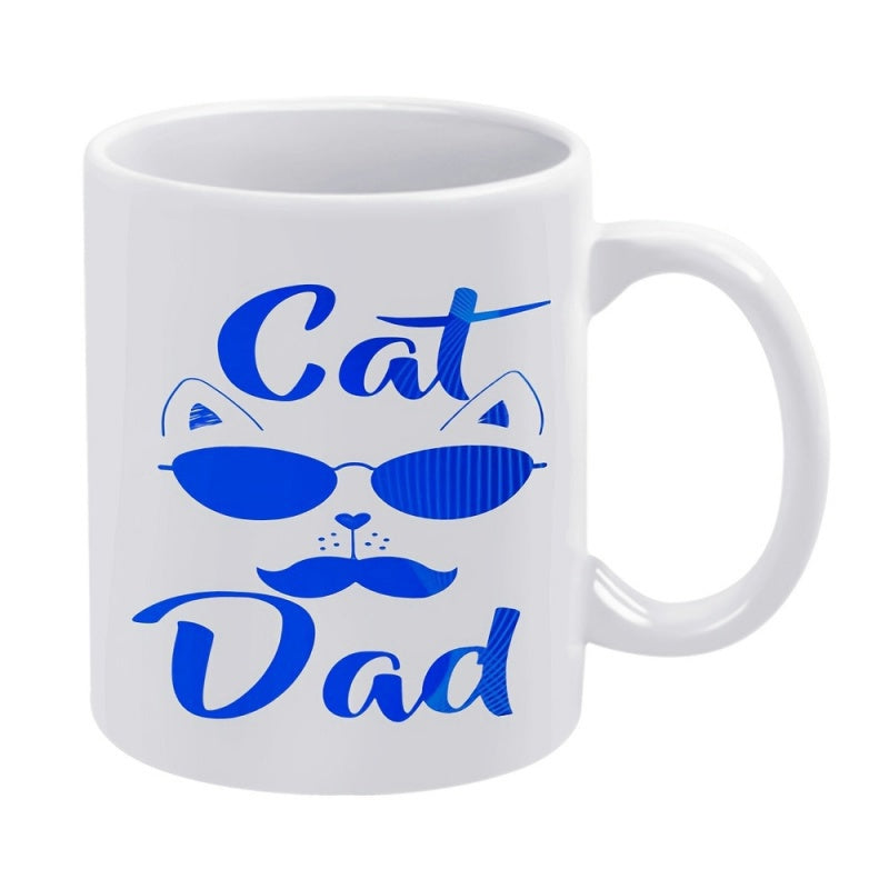 Tailorly White Ceramic 11 oz Mug - Cat Dad Minimalist Blue Graphic Design Featuring A Cool Mustache Wearing Sunglasses Cat