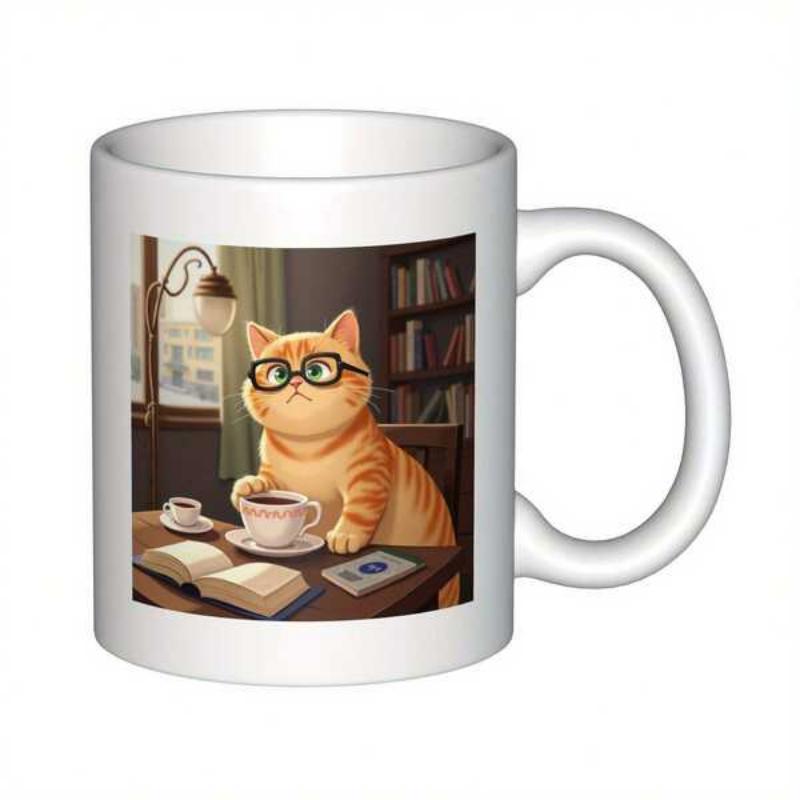 Tailorly White Ceramic 11 oz Mug - Studious Orange Tabby Wearing Glasses Sitting With Coffee At A Desk Cat