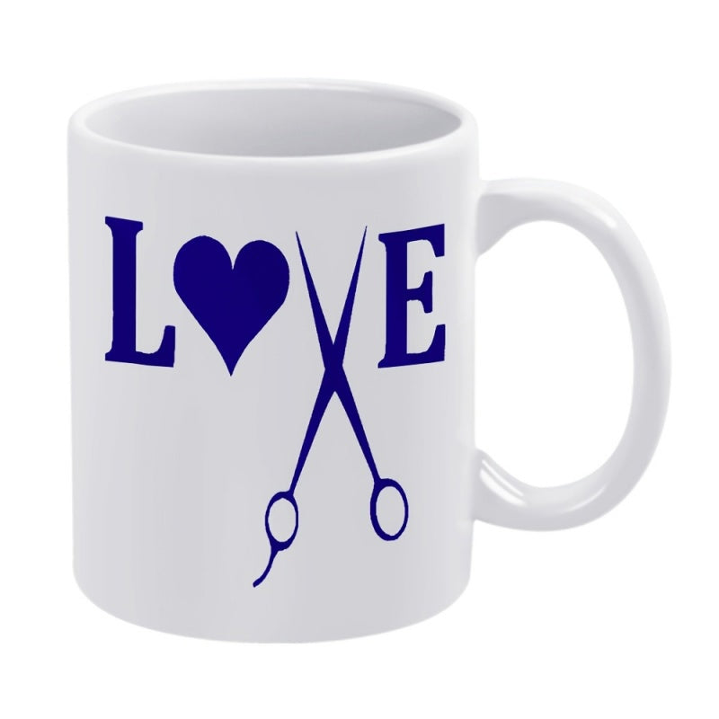 Tailorly White Ceramic 11 oz Mug - Love Stylistic Blue Elements Featuring A Heart And Open Professional Scissors