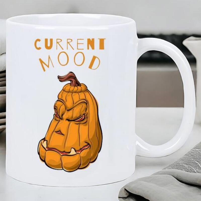 Tailorly White Ceramic 11 oz Mug - Current Mood Grumpy Halloween Pumpkin With Angry Facial Expression And Jagged Teeth Pumpkin