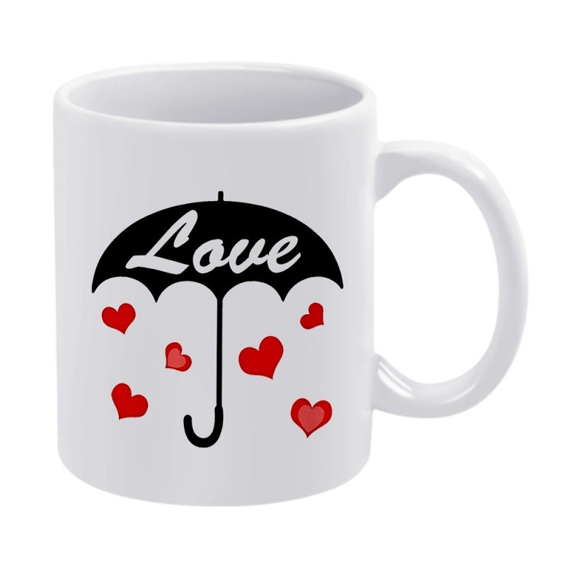 Tailorly White Ceramic 11 oz Mug - Love Romantic Black Canopy Protecting Small Vibrant Floating Red Hearts Umbrella