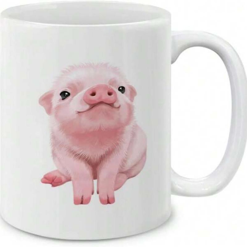 Tailorly White Ceramic 11 oz Mug - Cute Pink Ceramic Farm Animal Sitting Gracefully In Minimalist Style Pig