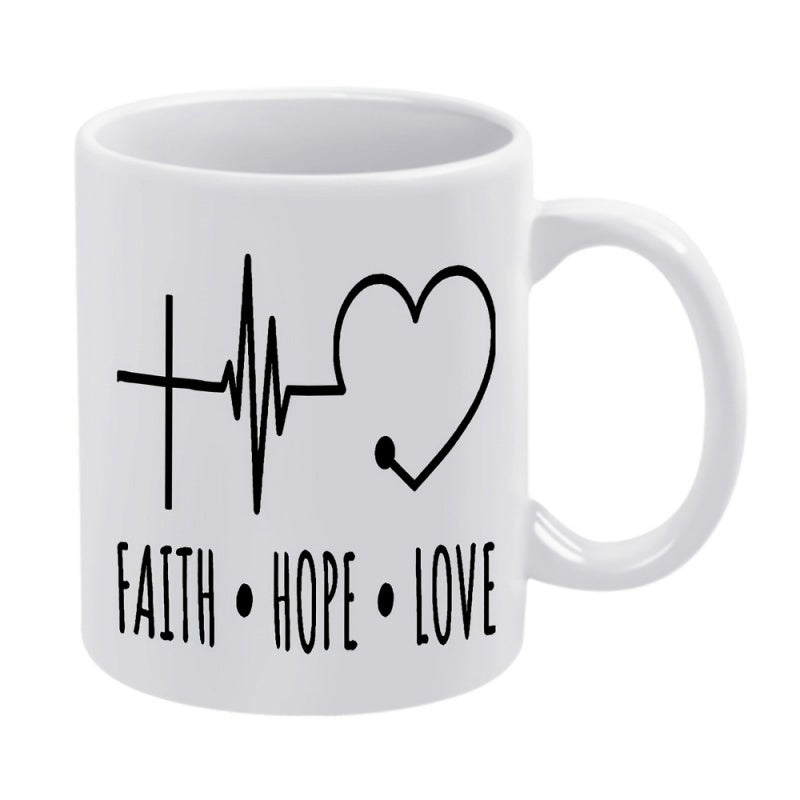 Tailorly White Ceramic 11 oz Mug - Faith Hope Love Black Metal Silhouette Featuring Connected Heartbeat And Spiritual Cross Heart