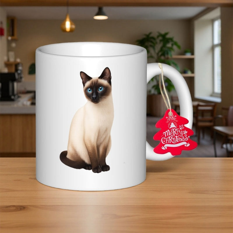 Tailorly White Ceramic 11 oz Mug - Merry Christmas Realistic Siamese Cat Sitting Elegantly On A Plain White Background Cat