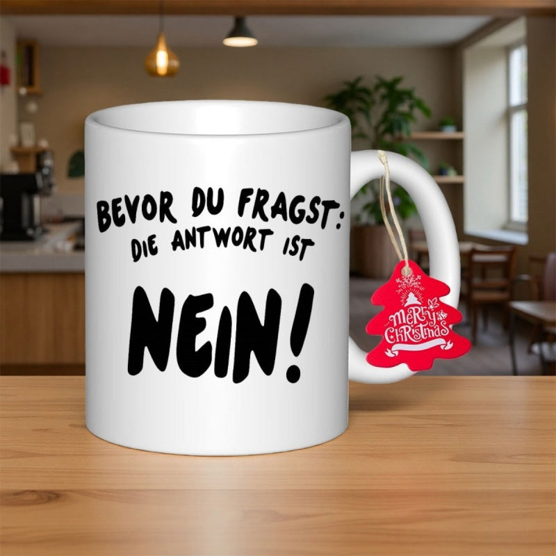 Tailorly White Ceramic 11 oz Mug - Merry Christmas Elegant Minimalist White Ceramic With Festive Red Hanging Tag Mug