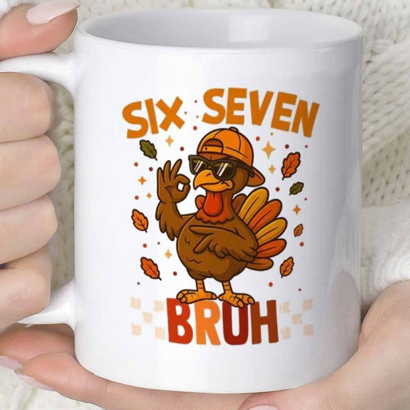 Tailorly White Ceramic 11 oz Mug - Six Seven Bruh Cool Bird Wearing Sunglasses And Hat Among Falling Autumn Leaves Turkey