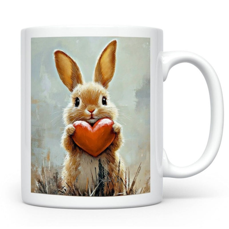 Tailorly White Ceramic 11 oz Mug - Adorable Fluffy Little Brown Animal Holding A Shiny Red Heart Amidst Grass Rabbit