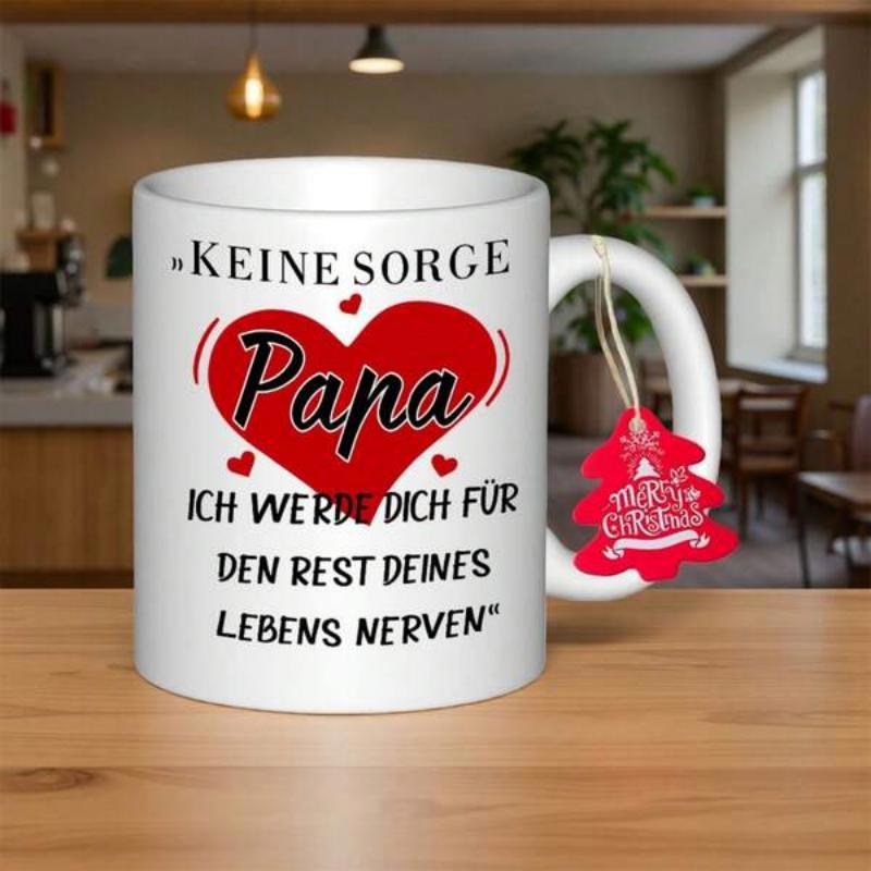 Tailorly White Ceramic 11 oz Mug - Merry Christmas Papa Vibrant Red Heart Pattern Surrounded By Tiny Floating Hearts Heart
